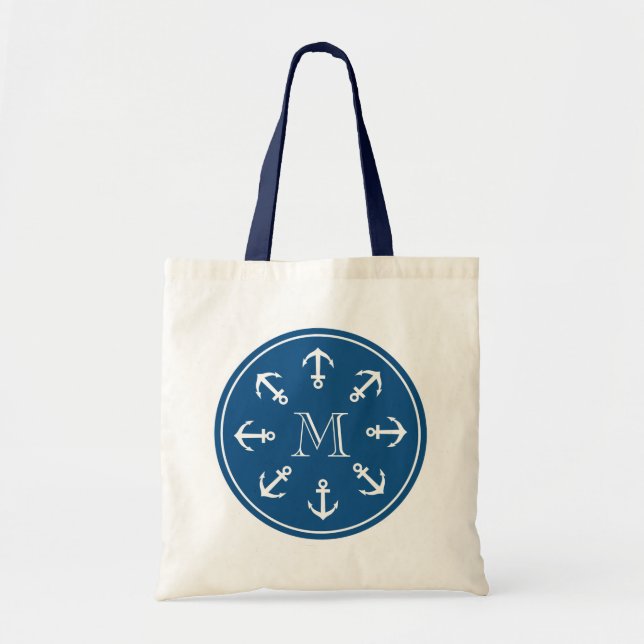 Bolso De Tela Nautical tote bag with round boat anchor monogram (Frente)