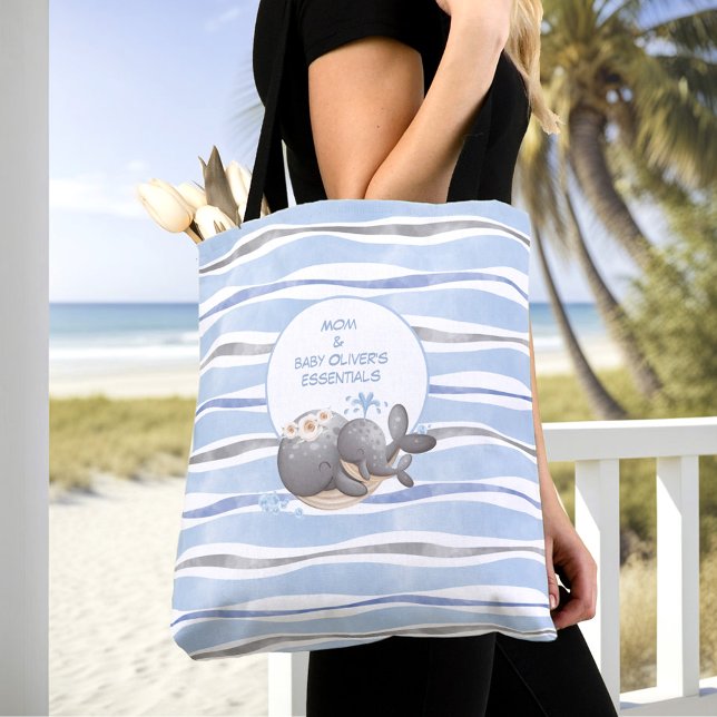 Bolso De Tela Nautical Whale Blue Summer Name Baby Essentials (Nautical Whale Blue Summer Name Baby Essentials Tote Bag)
