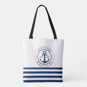 Bolso De Tela Náutico, nombre del barco, ancla rayas azul marino