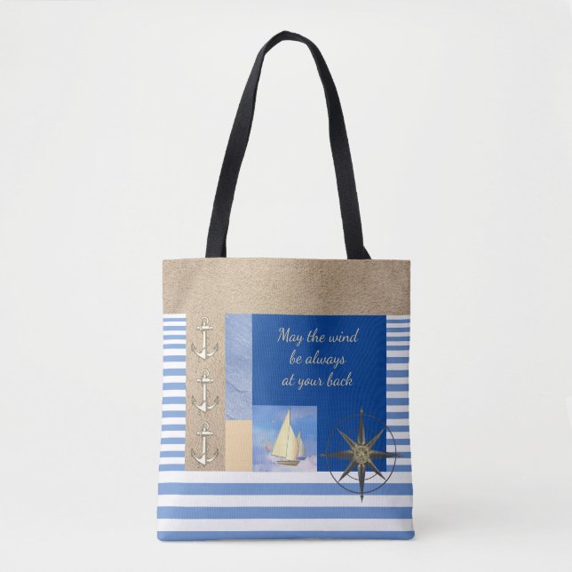 Bolso De Tela Navegación Náutica de franja azul y blanca (Anverso)