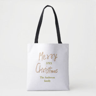 Bolso De Tela Navidad alegre brillo dorado añade nombre de famil