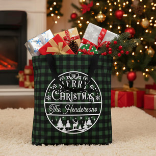 Bolso De Tela Navidad Alegre Plaid Verde y Negro Personalizado