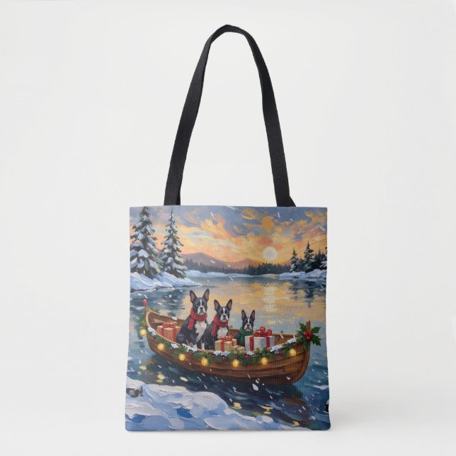 Bolso De Tela Navidad con barco de Boston Terrier (Anverso)