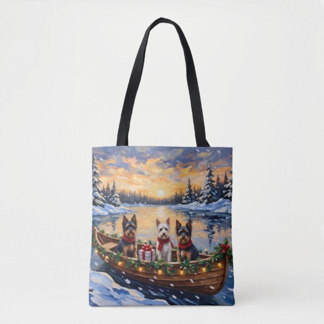 Bolso De Tela Navidad con Biewer Terrier en Barco (Anverso)