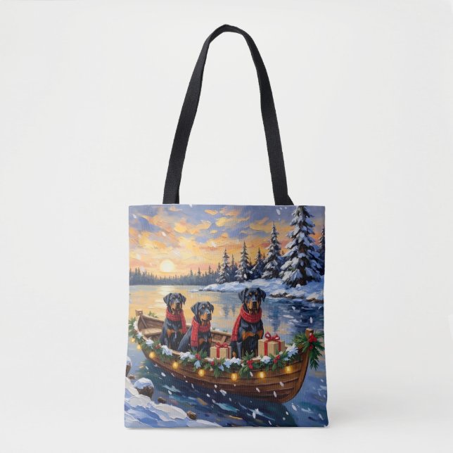 Bolso De Tela Navidad de Rottweiler en Barco Fiesta (Anverso)
