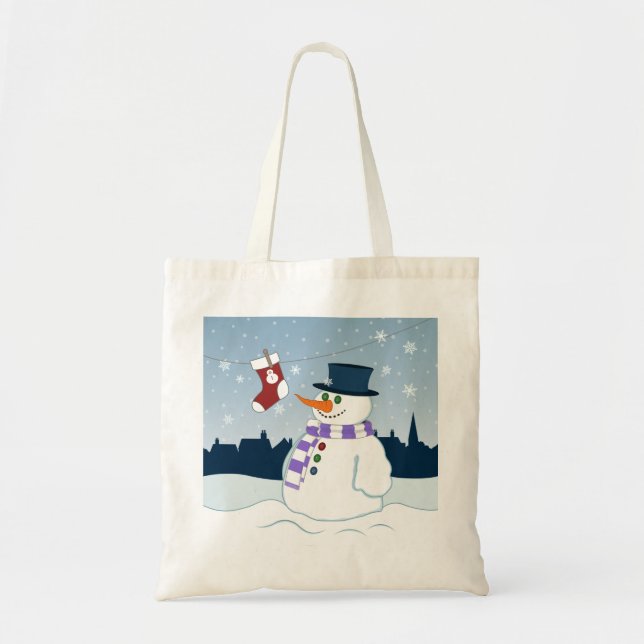 Bolso De Tela Navidad del muñeco de nieve y de la media (Frente)