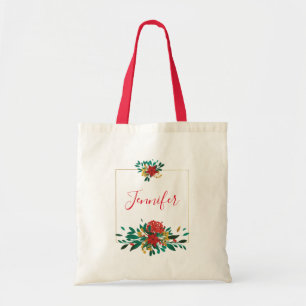 Bolso De Tela Navidad Floral Moderna Rojo Verde y Dorado