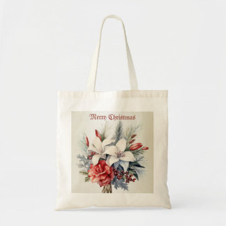 Bolso De Tela Navidad Flores Blancas Rojas Fiestas Elegante