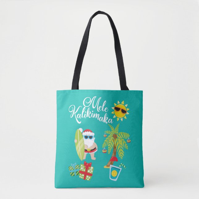 Bolso De Tela Navidad hawaiano. Papá Noel Mele Kalikimaka. (Anverso)