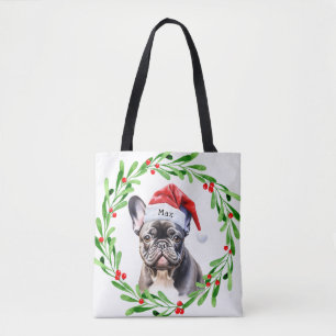Bolso De Tela Navidad Perro Negro Bulldog francés Santa