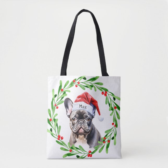 Bolso De Tela Navidad Perro Negro Bulldog francés Santa (Anverso)