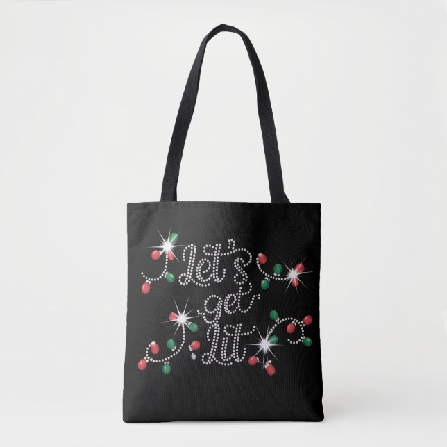 Bolso De Tela Navidad Vamos a Encender Rhinestone Mega Brillo  (Anverso)