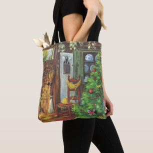 Bolso De Tela Navidad Vintage, acogedora cabaña de troncos con c