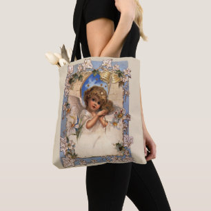 Bolso De Tela Navidad Vintage, Ángel Victoriano con Campanas Dor