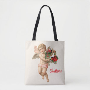 Bolso De Tela Navidad Vintage, Ángel Victoriano con Corona Flora