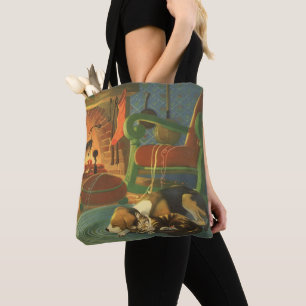 Bolso De Tela Navidad vintage, animales durmientes por chimenea