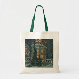 Bolso De Tela Navidad Vintage, Casa con Coronas en Ventanas