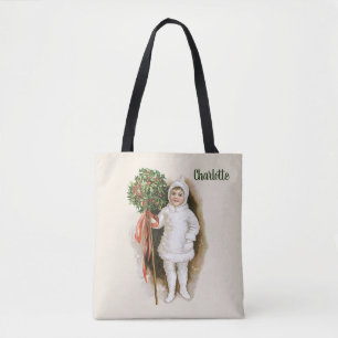 Bolso De Tela Navidad Vintage, Chica Victoriana con Acebo