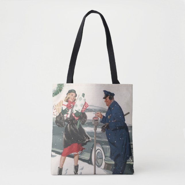 Bolso De Tela Navidad Vintage, Compras Regalos Policía (Anverso)