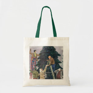 Bolso De Tela Navidad Vintage, Familia Colocando Luces en el Árb