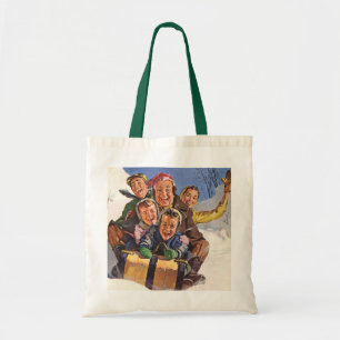 Bolso De Tela Navidad Vintage, Familia Feliz en Trineo