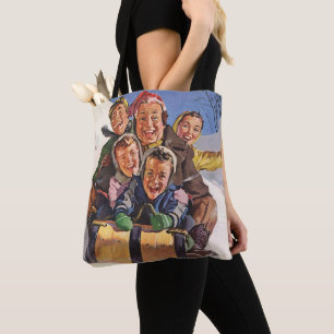Bolso De Tela Navidad Vintage, Familia Feliz Tobogán Bajando en