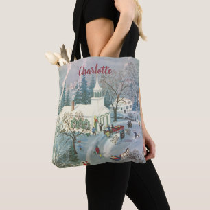 Bolso De Tela Navidad Vintage, gente yendo a la iglesia en la ni