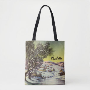 Bolso De Tela Navidad Vintage, Lago Congelado con Patinadores so