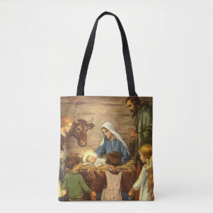 Bolso De Tela Navidad Vintage, Natividad Religiosa con el Niño J