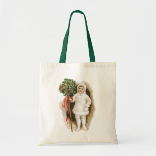 Bolso De Tela Navidad Vintage, niña victoriana con acebo
