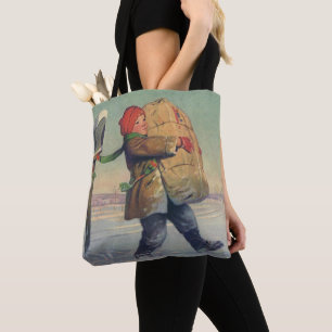 Bolso De Tela Navidad Vintage, Niño con Paquete Grande