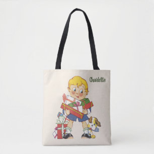 Bolso De Tela Navidad Vintage, Niño con Regalos y Perrito