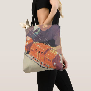 Bolso De Tela Navidad Vintage, Niño Jugando con Trenes de Juguet
