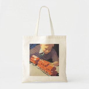 Bolso De Tela Navidad Vintage, Niño Jugando con Trenes de Juguet