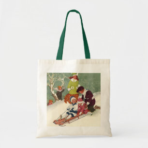 Bolso De Tela Navidad Vintage, niños deslizándose en la nieve