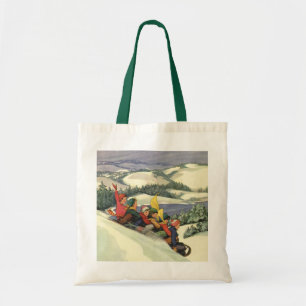 Bolso De Tela Navidad Vintage, niños en trineo en una montaña
