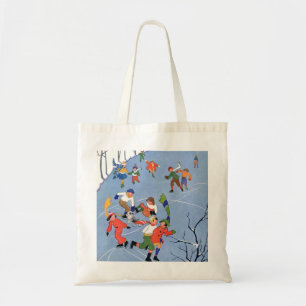 Bolso De Tela Navidad Vintage, niños patinando sobre hielo en un