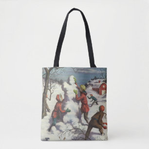 Bolso De Tela Navidad Vintage, niños pelea de bolas de nieve