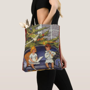 Bolso De Tela Navidad Vintage, Niños Sentados en un Sofá
