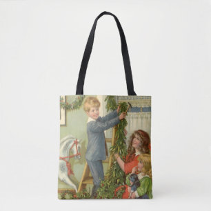 Bolso De Tela Navidad Vintage, niños victorianos decorando