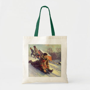 Bolso De Tela Navidad Vintage, Padre e Hija en Trineo
