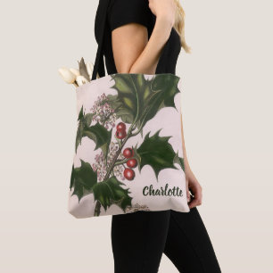 Bolso De Tela Navidad Vintage, planta de acebo con bayas rojas