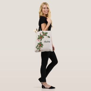 Bolso De Tela Navidad Vintage, Planta de Acebo con Bayas Rojas