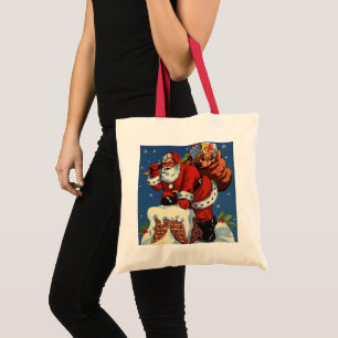 Bolso De Tela Navidad Vintage, Santa Claus Bajando por la Chimen