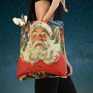 Bolso De Tela Navidad vintage, Santa Claus en Sleigh con juguete