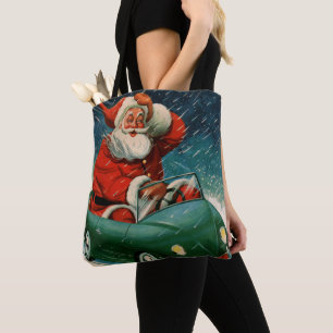 Bolso De Tela Navidad Vintage, Santa Claus en un Coche Encantado