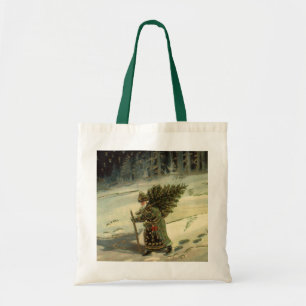 Bolso De Tela Navidad Vintage, Santa Claus llevando un árbol