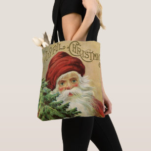 Bolso De Tela Navidad Vintage, Santa Claus Victoriano con Árbol
