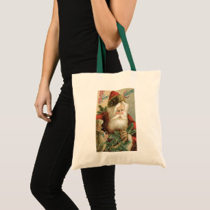Bolso De Tela Navidad Vintage, Santa Claus Victoriano con Pino