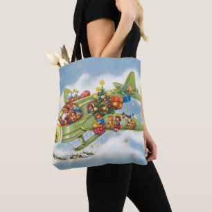 Bolso De Tela Navidad Vintage, Santa Claus volando un avión